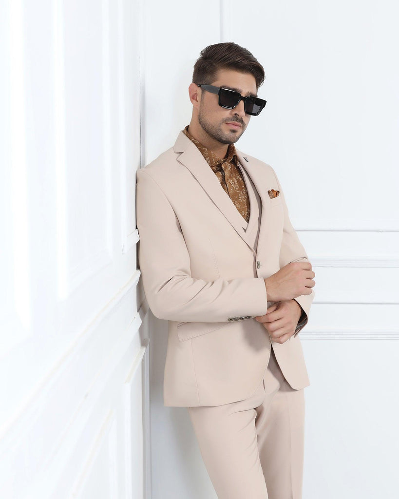 Three Piece Beige Solid Formal Suit - Randle