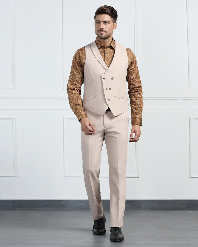 Three Piece Beige Solid Formal Suit - Randle