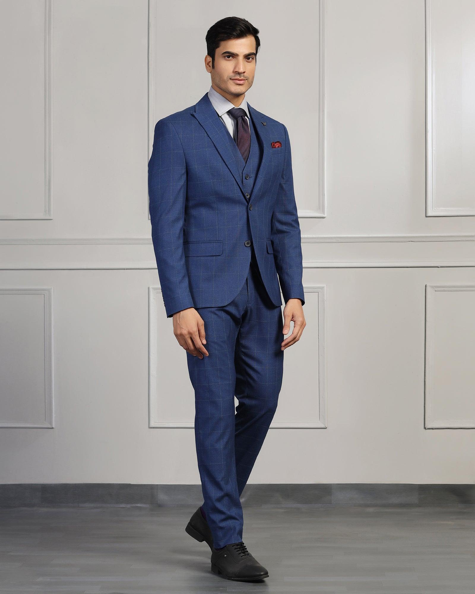 Three Piece Blue Check Formal Suit - Forex