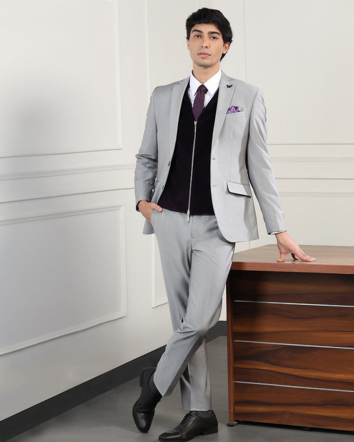 Three Piece Grey Textured Formal Suit - Inigo