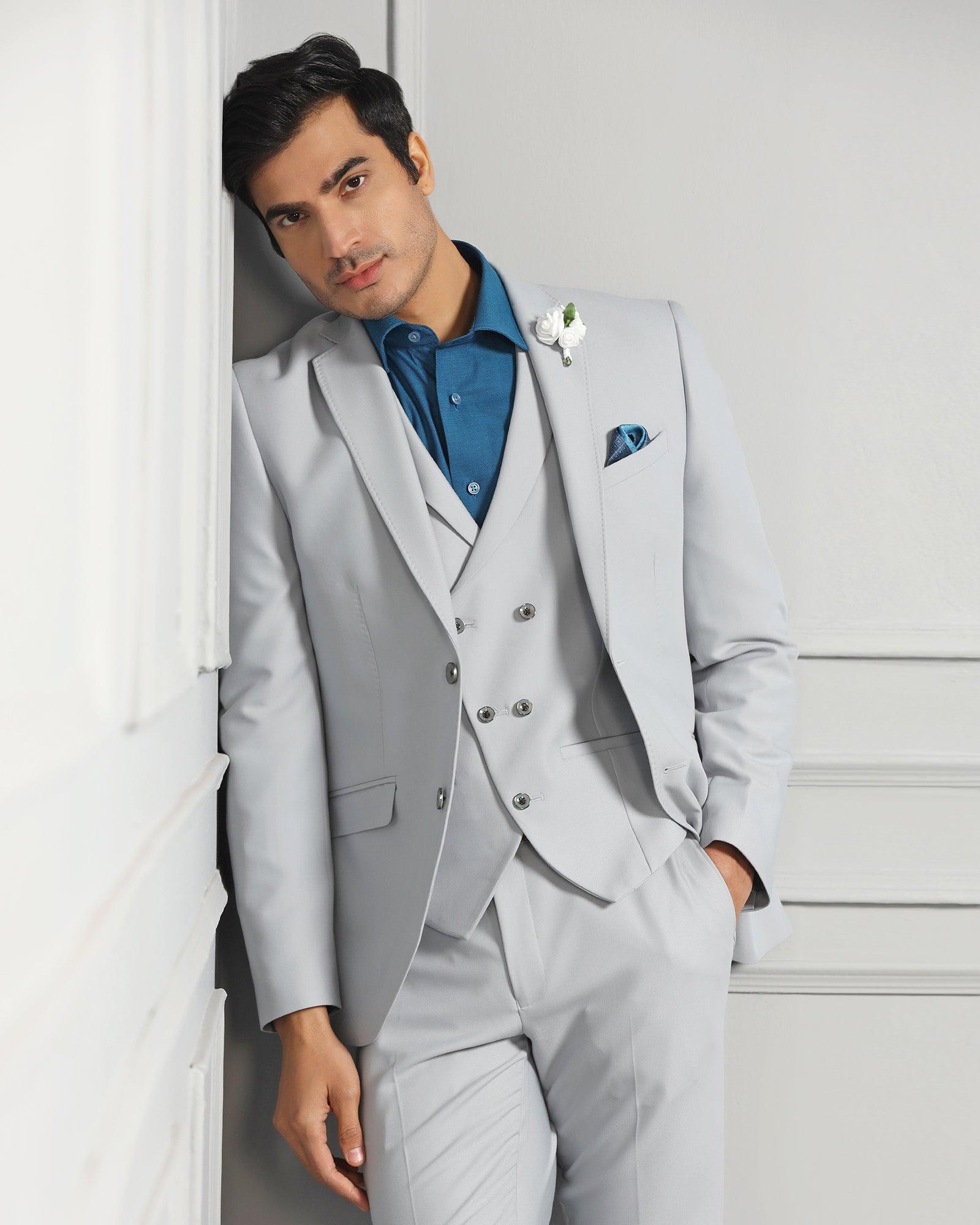 Three Piece Light Grey Solid Formal Suit - Raylit