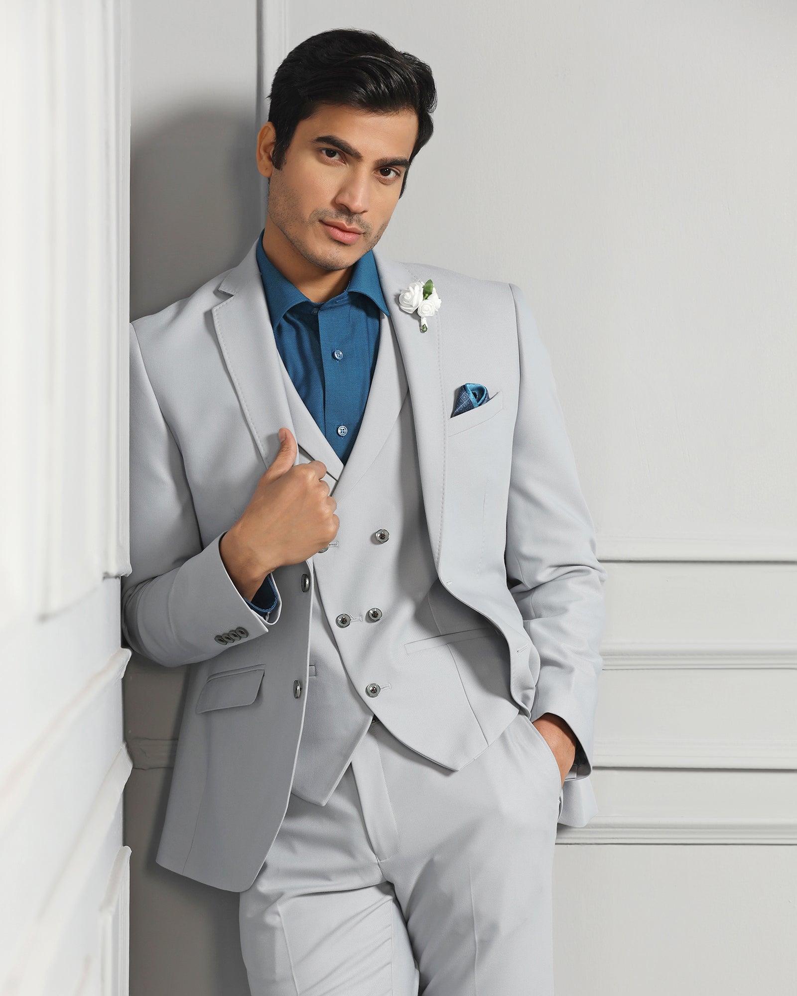 Three Piece Light Grey Solid Formal Suit - Raylit