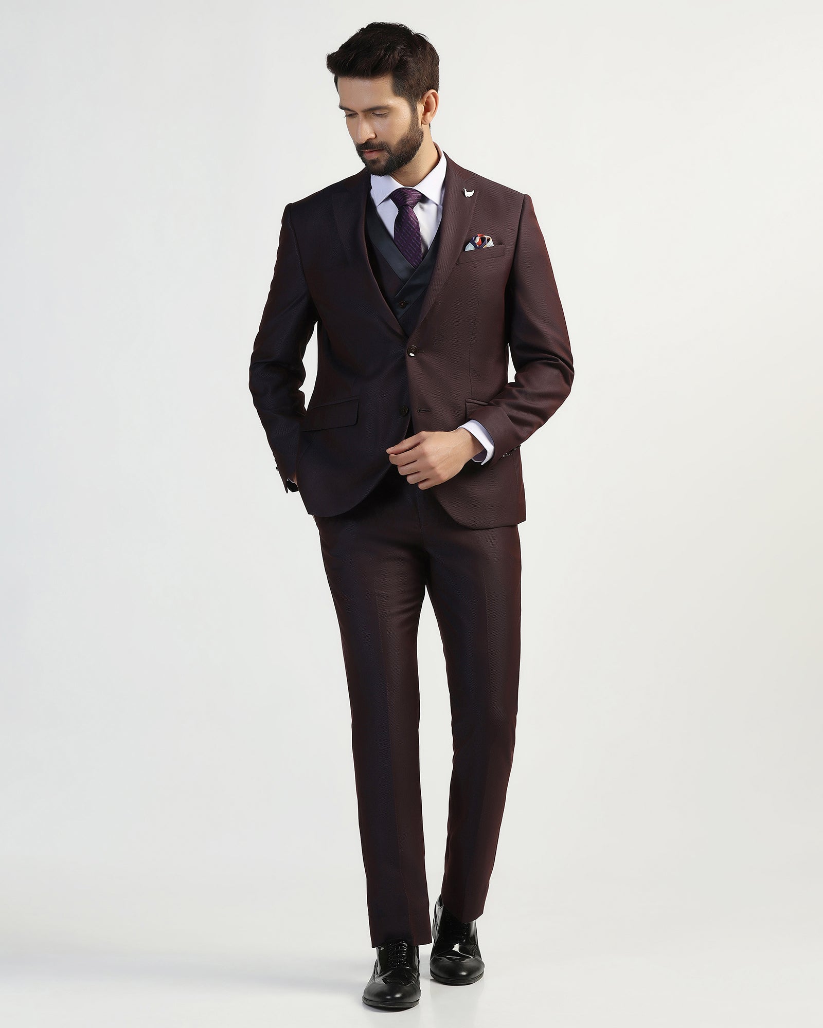 Three Piece Purple Textured Formal Suit - Helter
