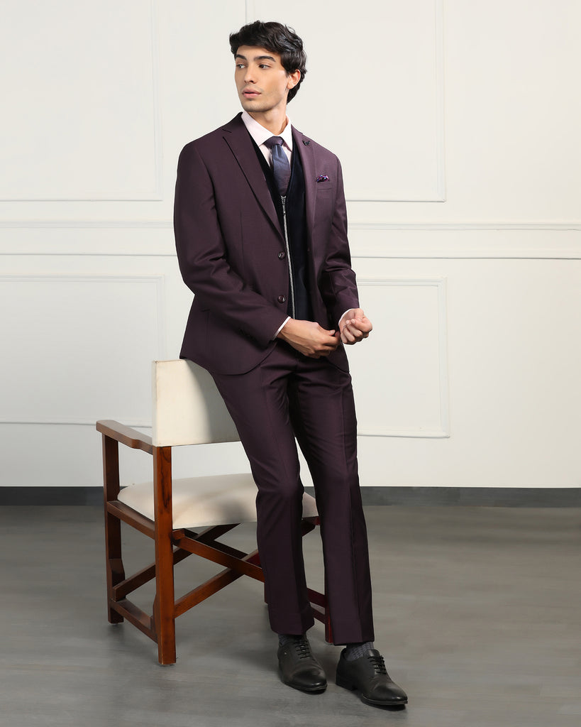 Three Piece Wine Textured Formal Suit - Inigo