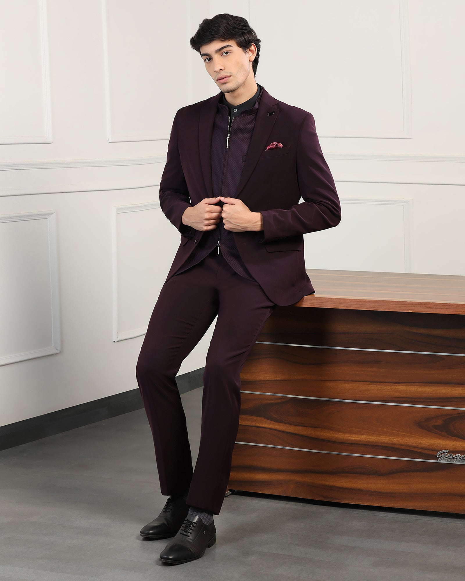 Three Piece Wine Textured Formal Suit - Josfer