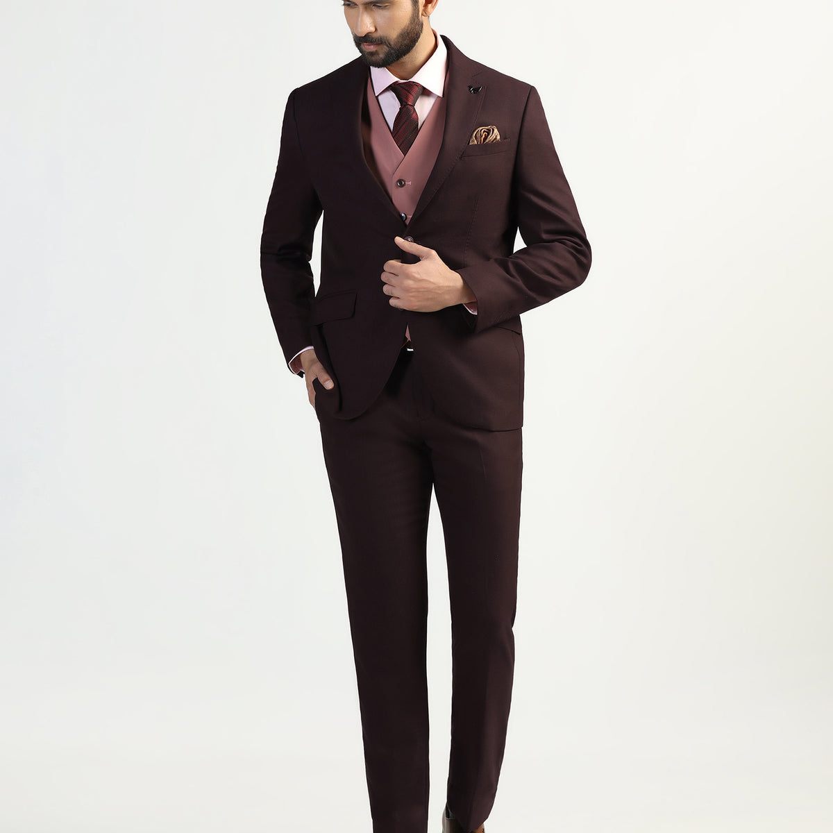 Three Piece Wine Textured Formal Suit