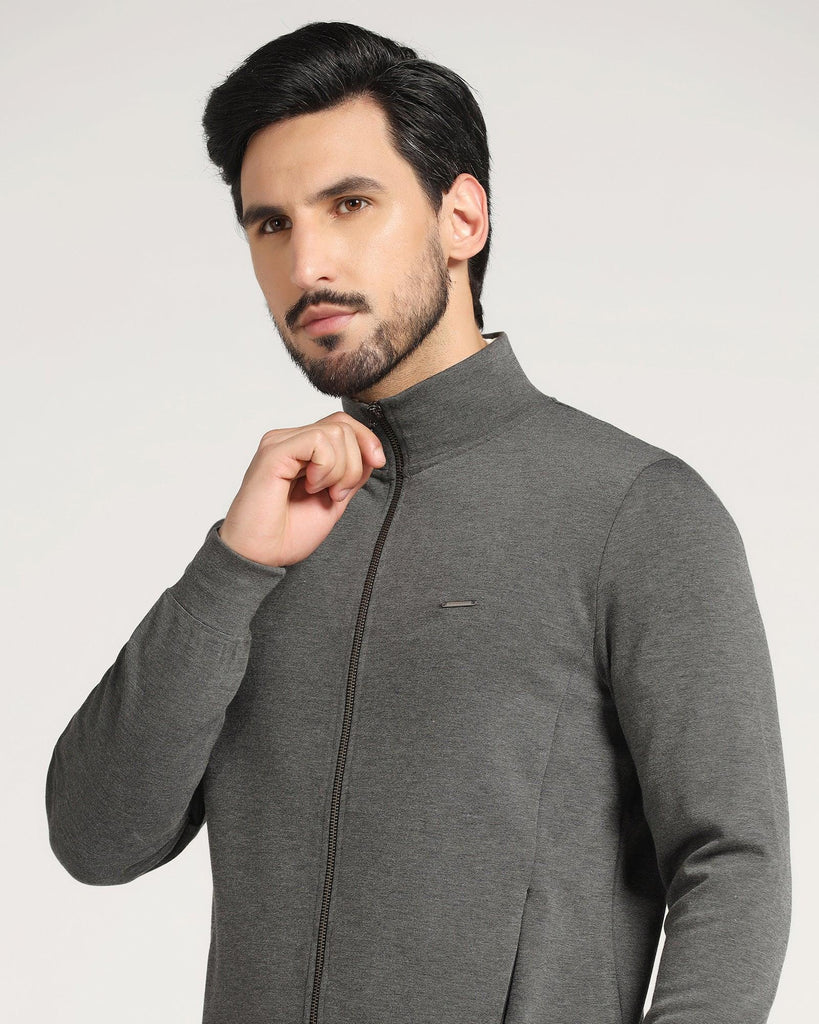 High Neck Grey Solid Sweatshirt - Novem