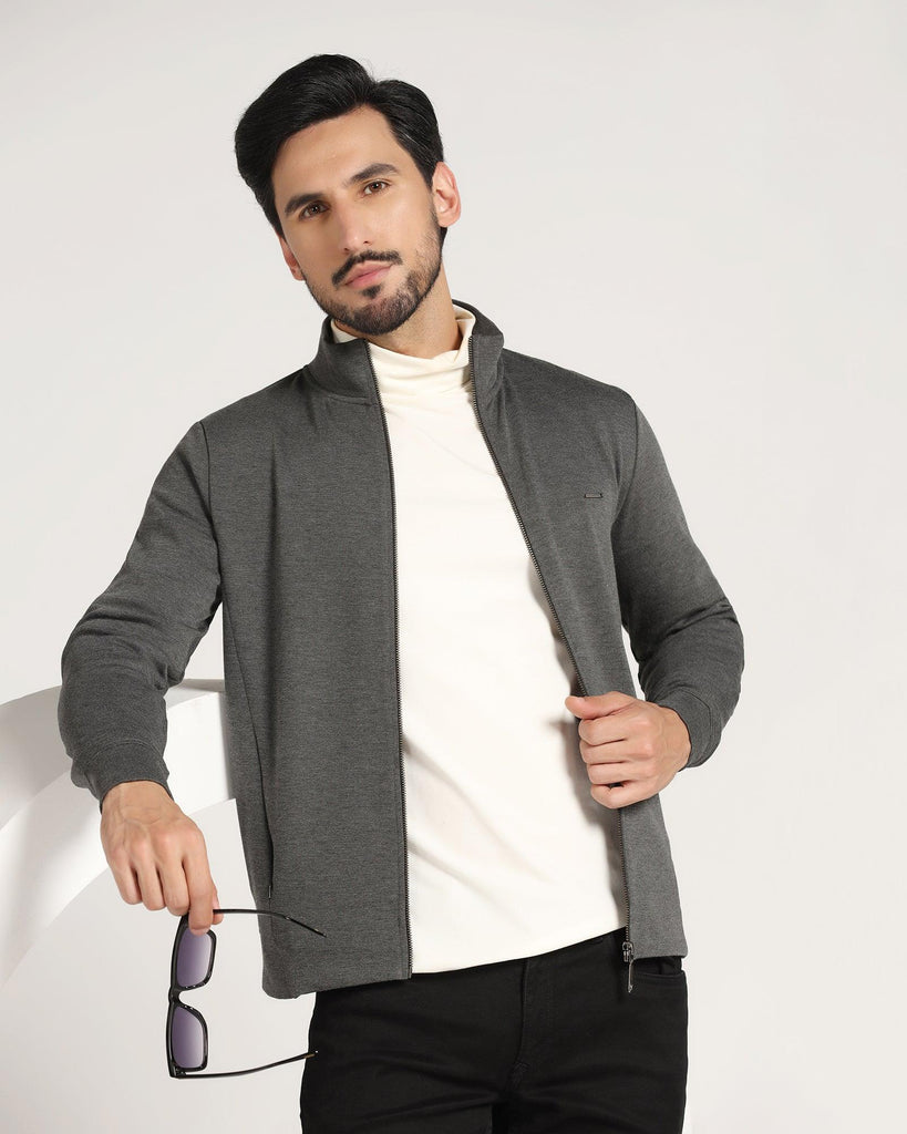 High Neck Grey Solid Sweatshirt - Novem