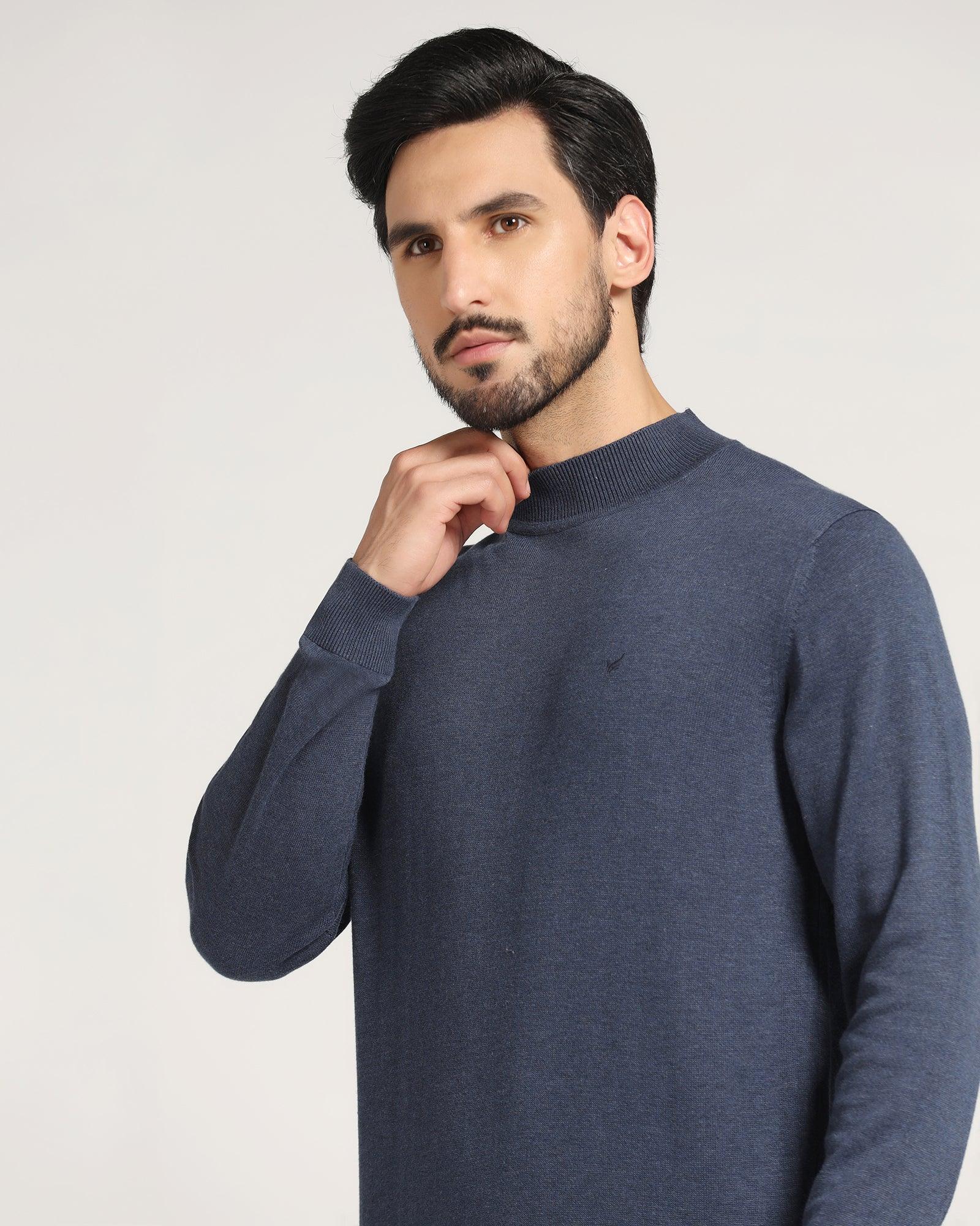 High Neck Navy Solid Sweater - Dexter - Blackberrys