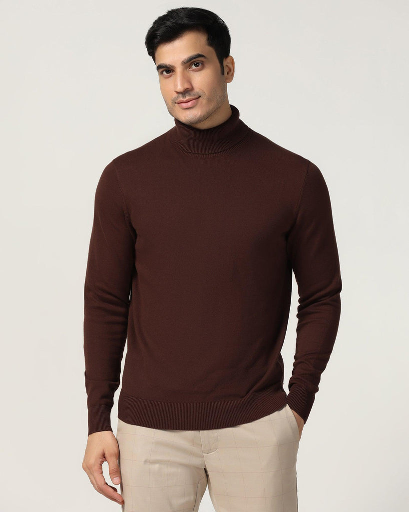 Turtle Neck Dark Brown Solid Sweater - Lake