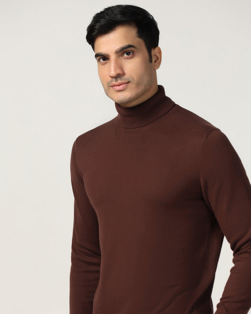 Turtle Neck Dark Brown Solid Sweater - Lake