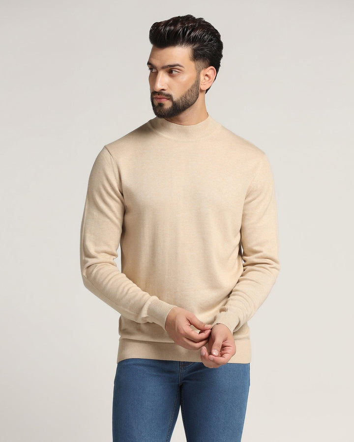 High Neck Beige Solid Sweater - Dexter