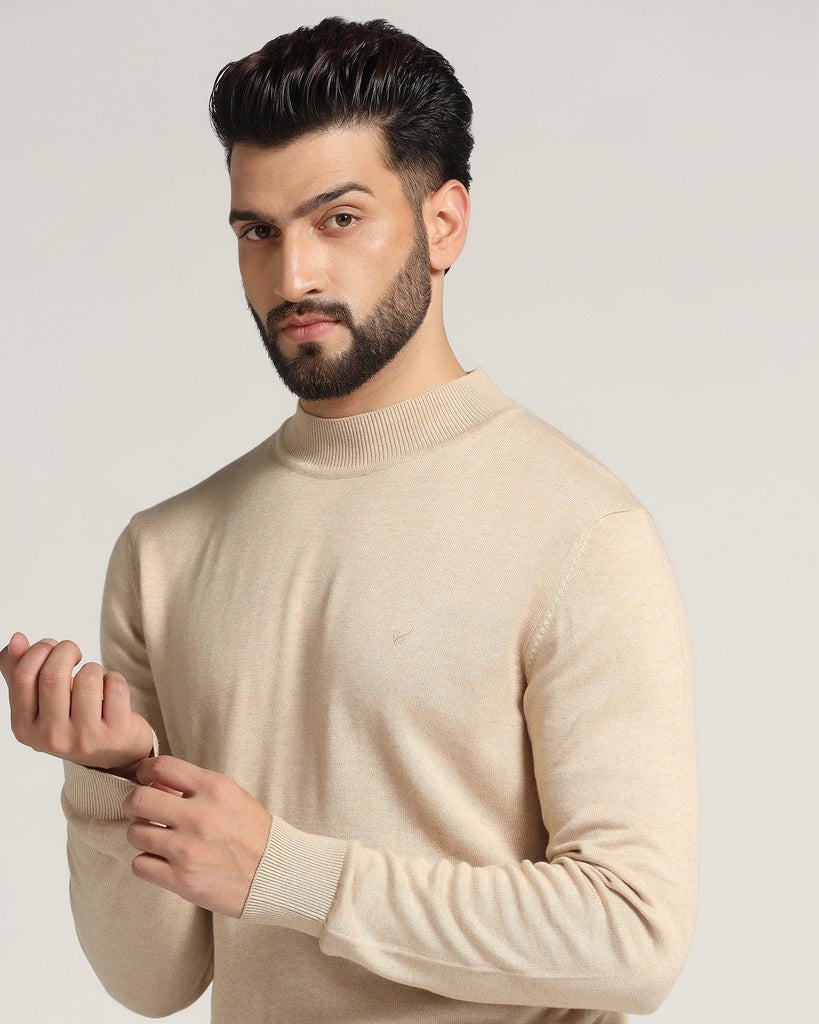 High Neck Beige Solid Sweater - Dexter