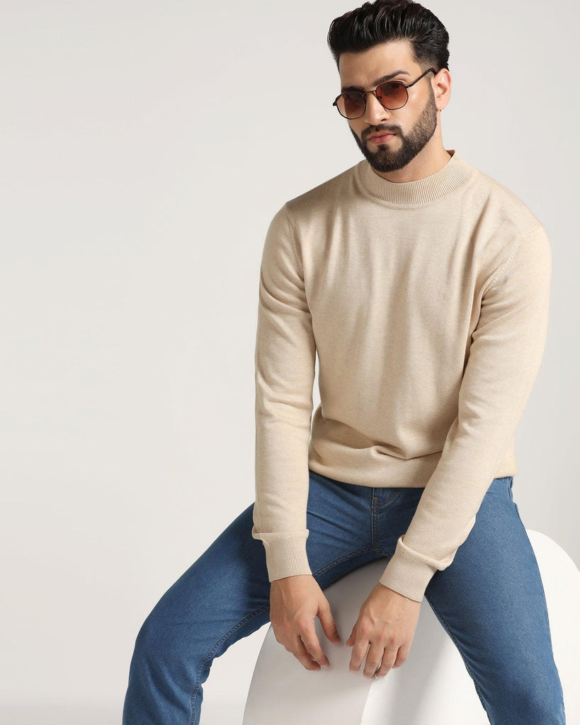 High Neck Beige Solid Sweater - Dexter