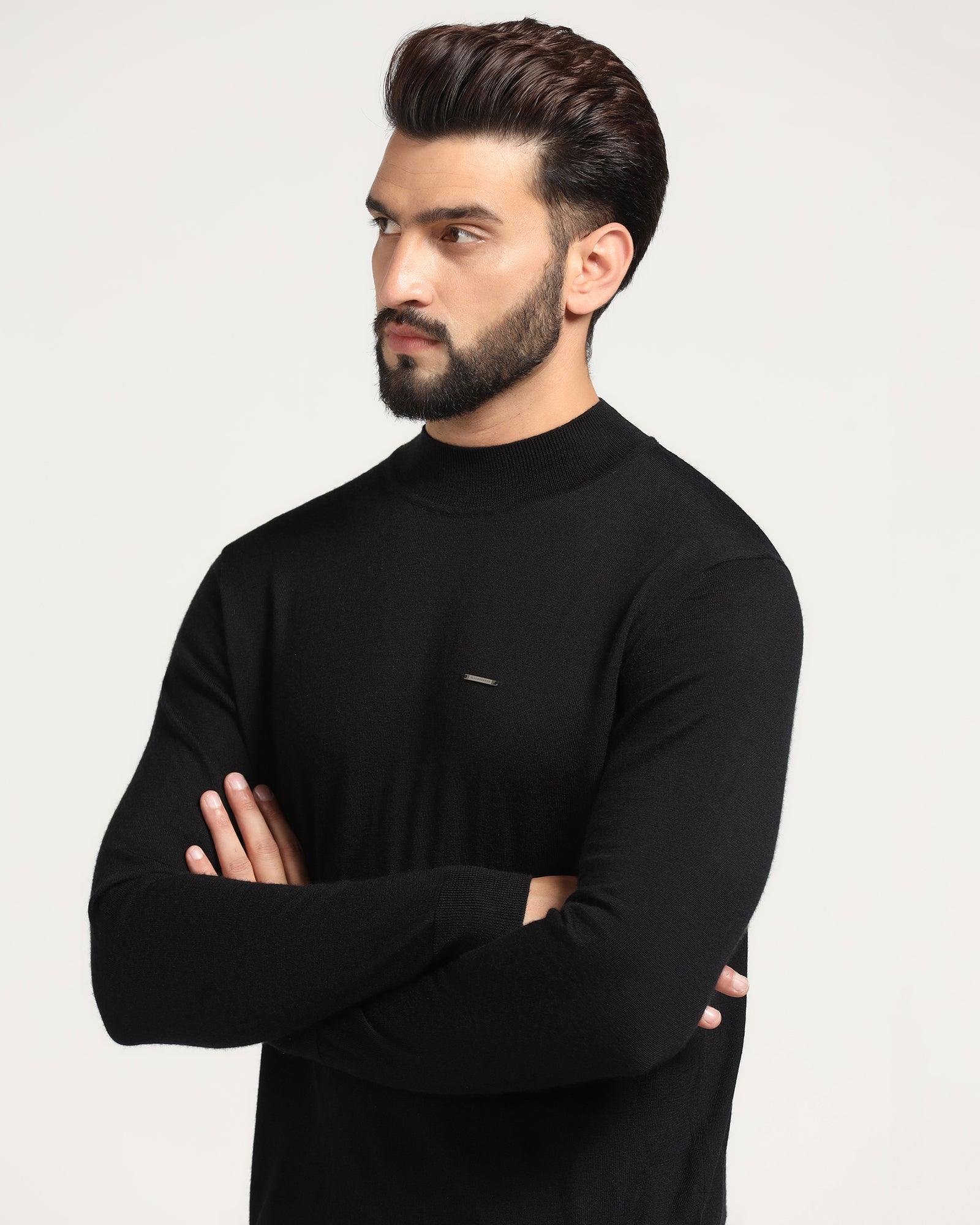 High Neck Black Solid Sweater - Jester - Blackberrys