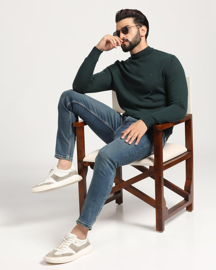 High Neck Green Solid Sweater - Jester