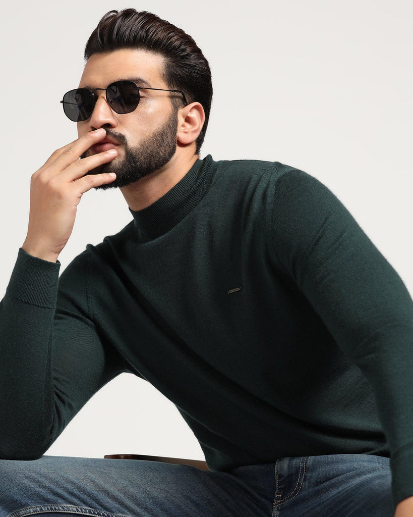 High Neck Green Solid Sweater - Jester