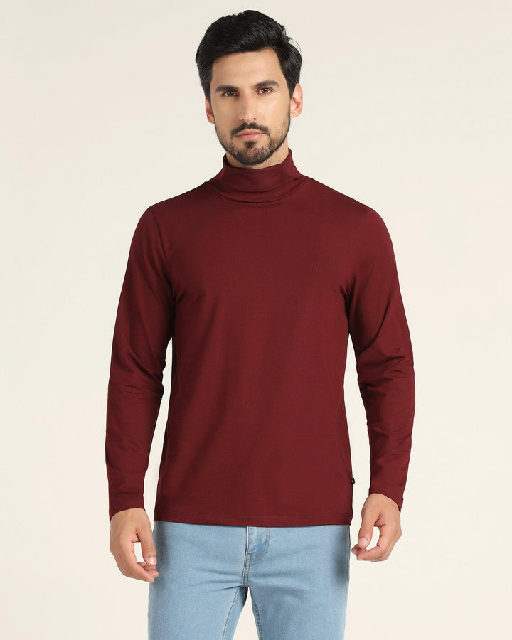 Turtle Neck Wine Solid T-Shirt - Kimmy