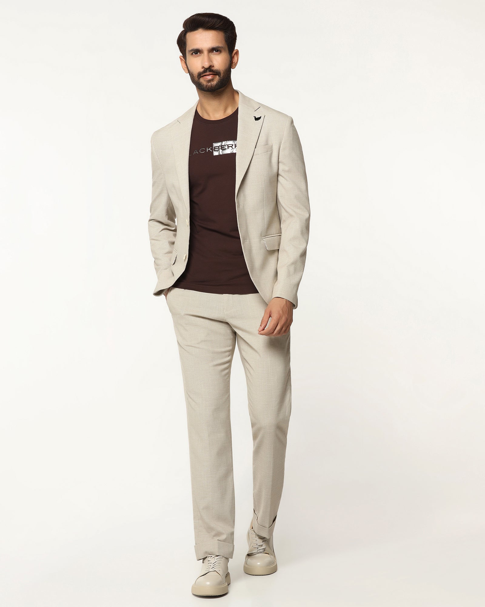 Two Piece Beige Textured Formal Suit - Orcus