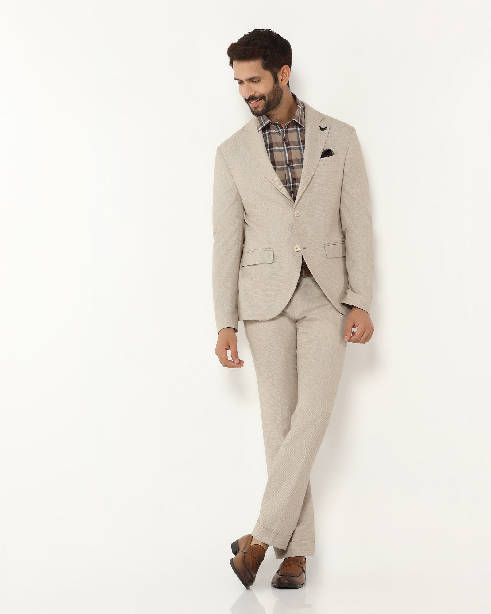 Two Piece Beige Textured Formal Suit - Orcus