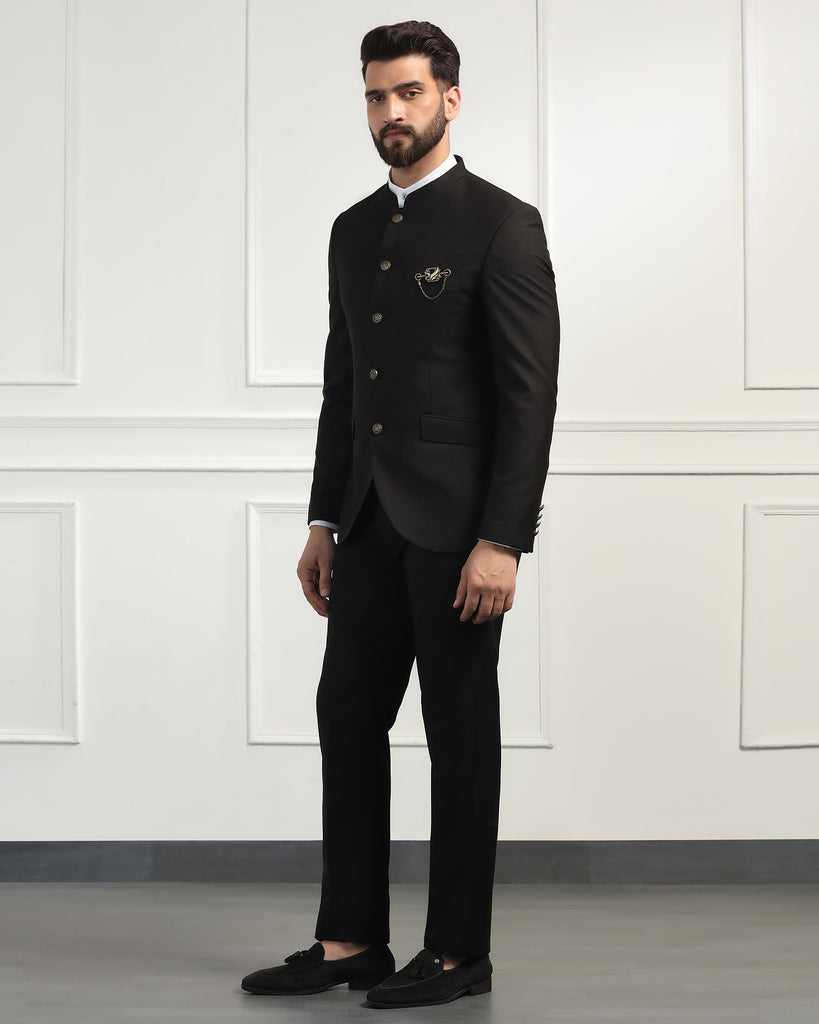 Bandhgala Two Piece Black Textured Formal Suit - Ferris