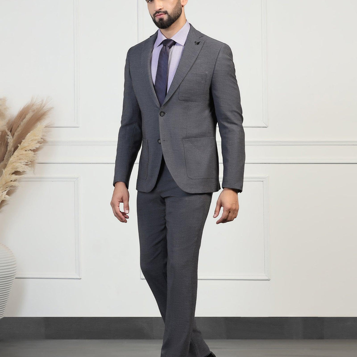 Two Piece Charcoal Textured Formal Suits Drebin