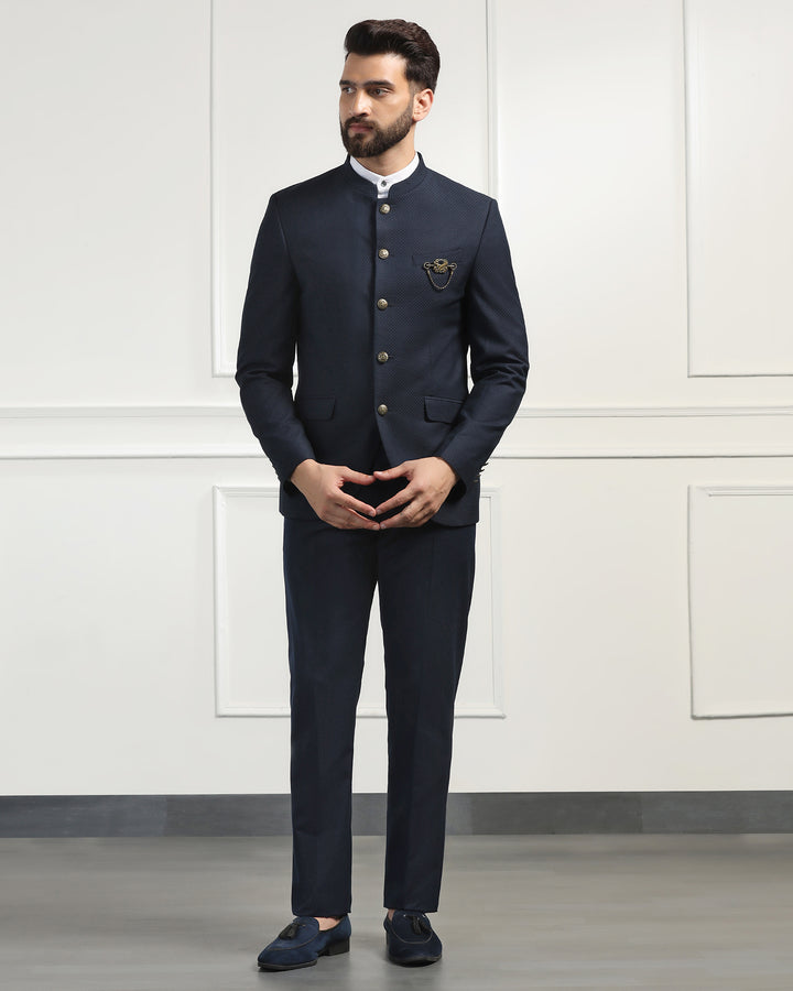 Bandhgala Two Piece Navy Textured Formal Suit - Ferris