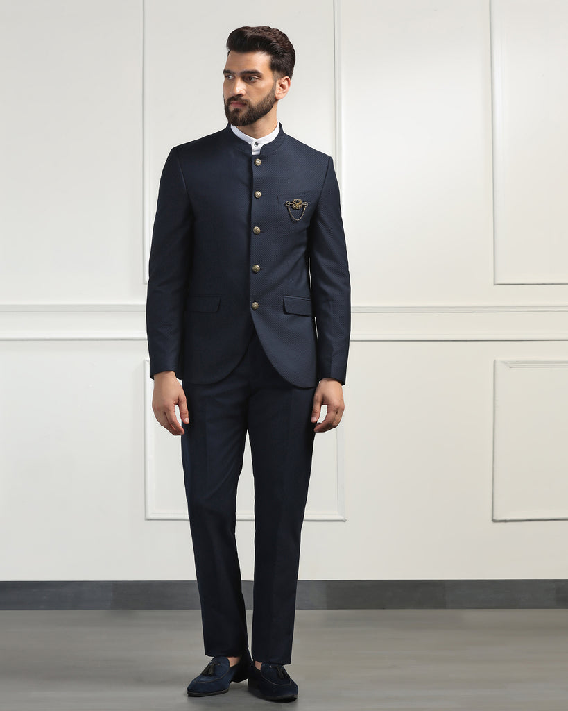 Bandhgala Two Piece Navy Textured Formal Suit - Ferris