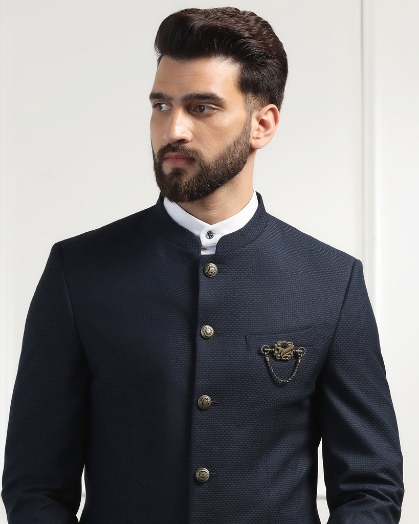 Bandhgala Two Piece Navy Textured Formal Suit - Ferris