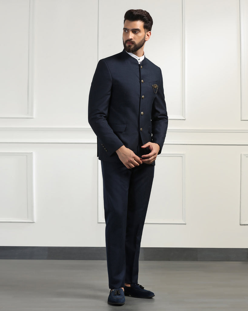 Bandhgala Two Piece Navy Textured Formal Suit - Ferris