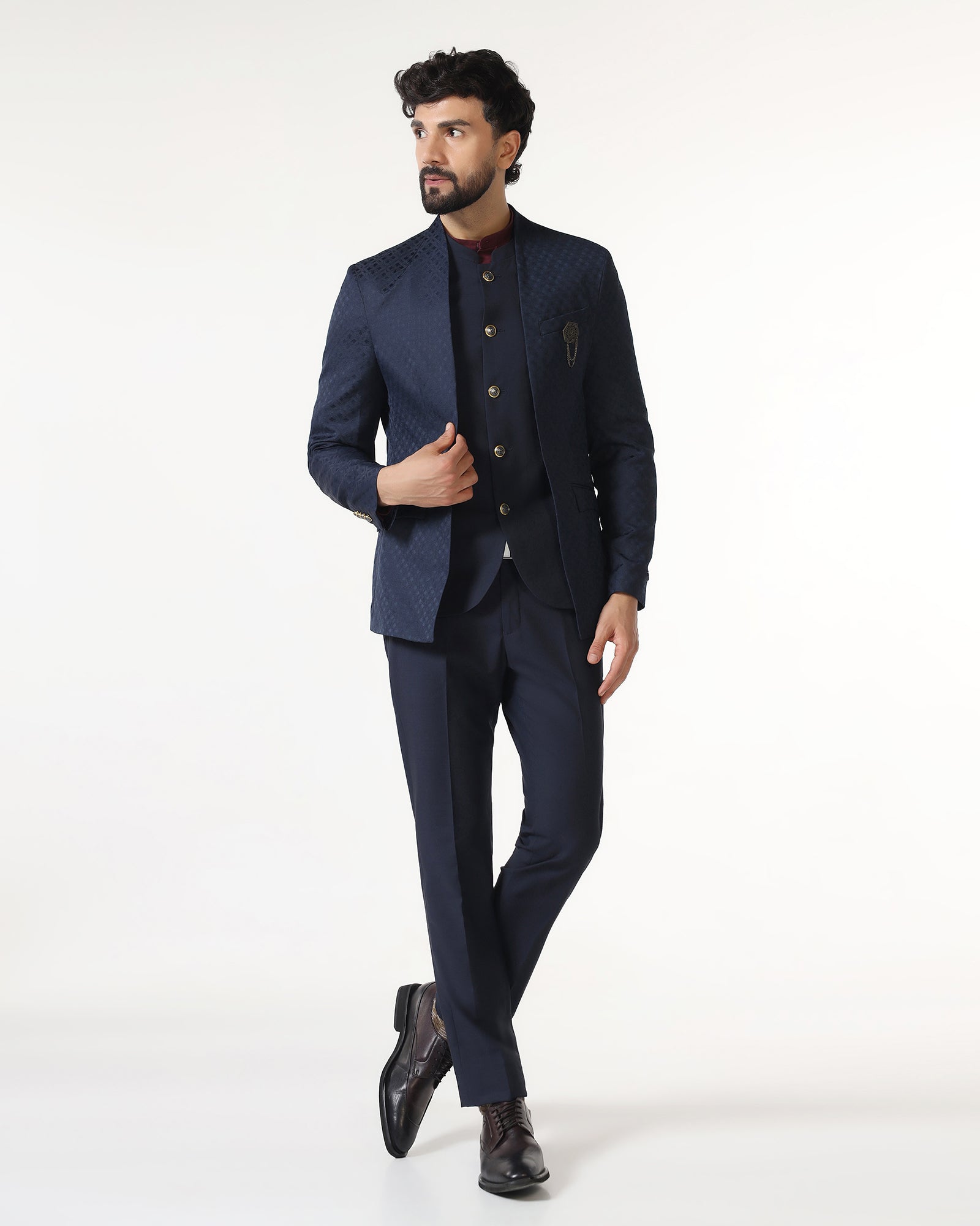Two Piece Navy Jacquard Formal Suit - Palio