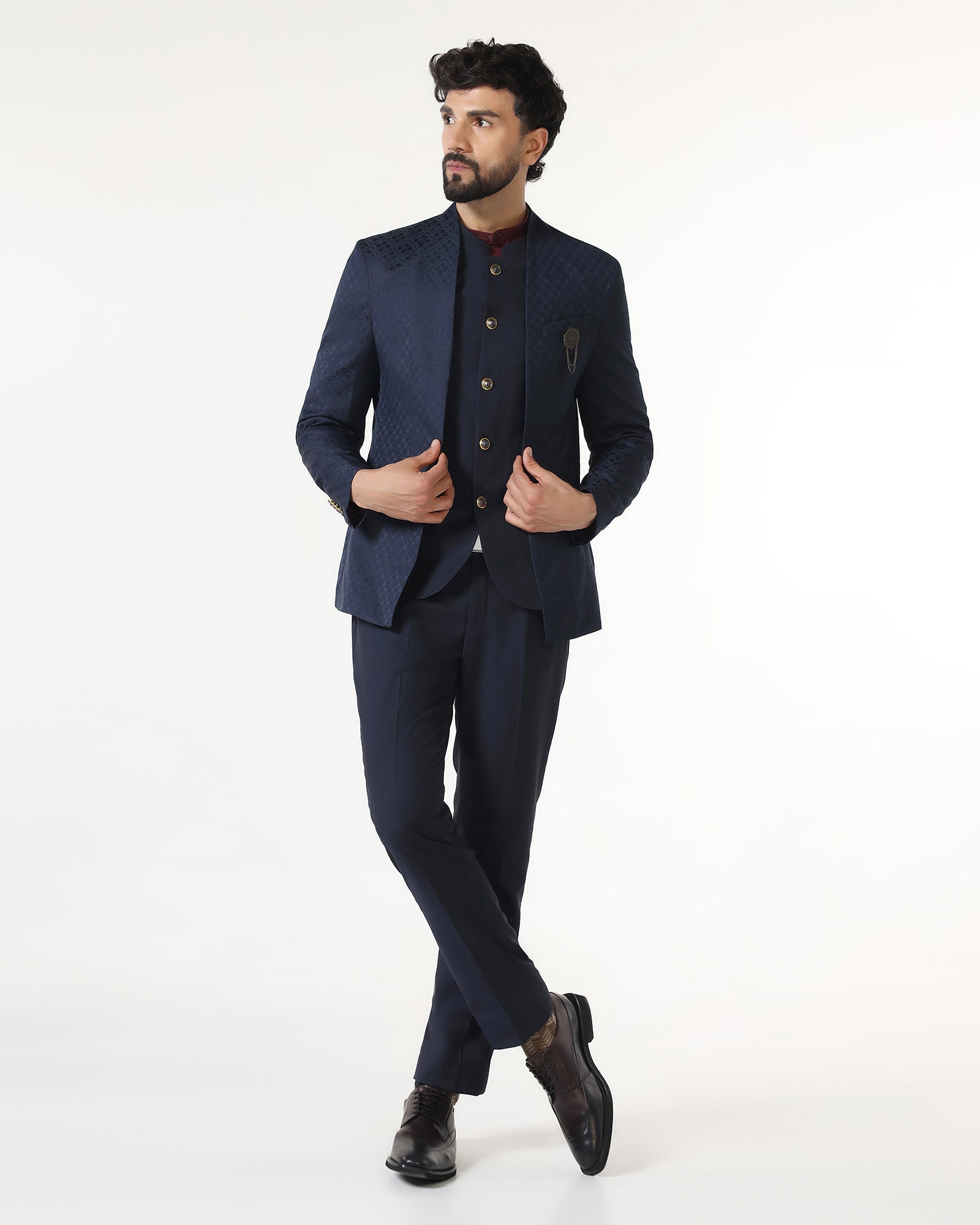 Two Piece Navy Jacquard Formal Suit - Palio