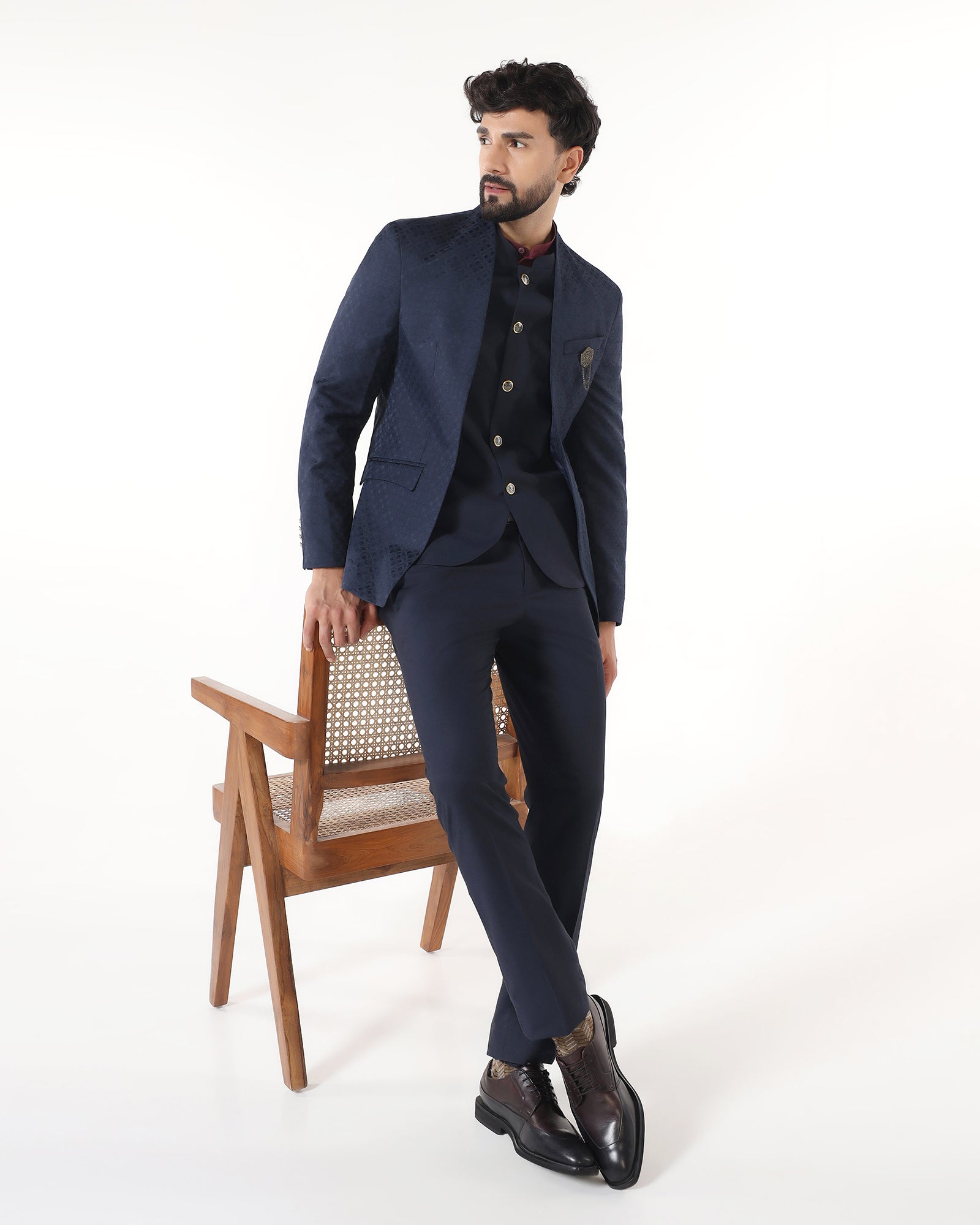Two Piece Navy Jacquard Formal Suit - Palio