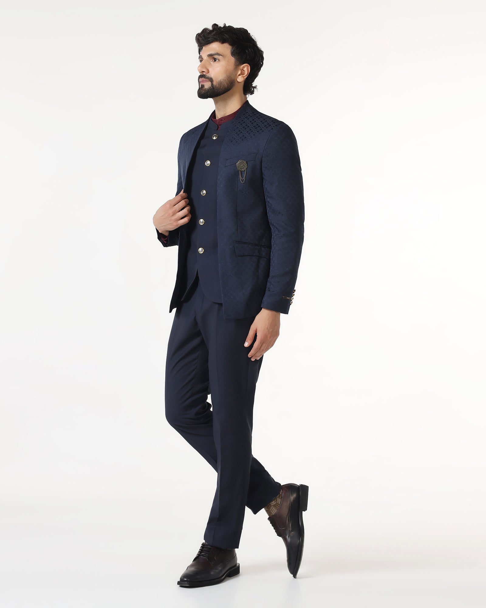 Two Piece Navy Jacquard Formal Suit - Palio