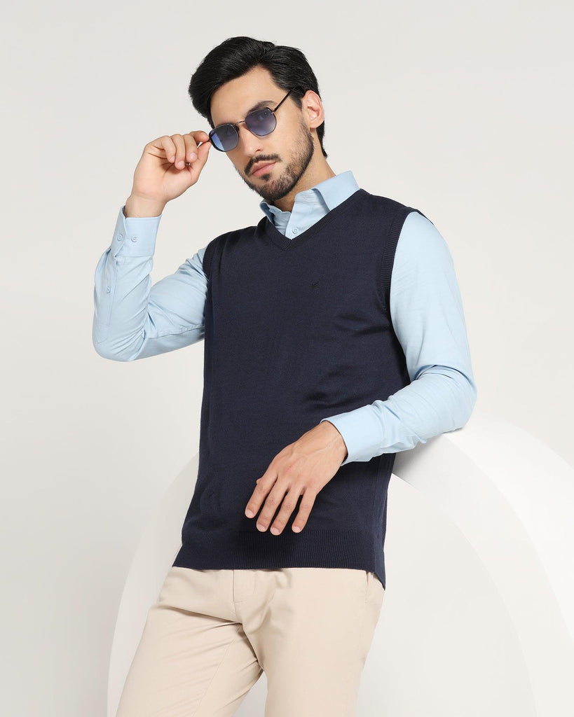 V-Neck Navy Solid Sweater - Aime