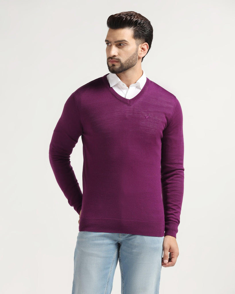 V-Neck Purple Solid Sweater - Rosin