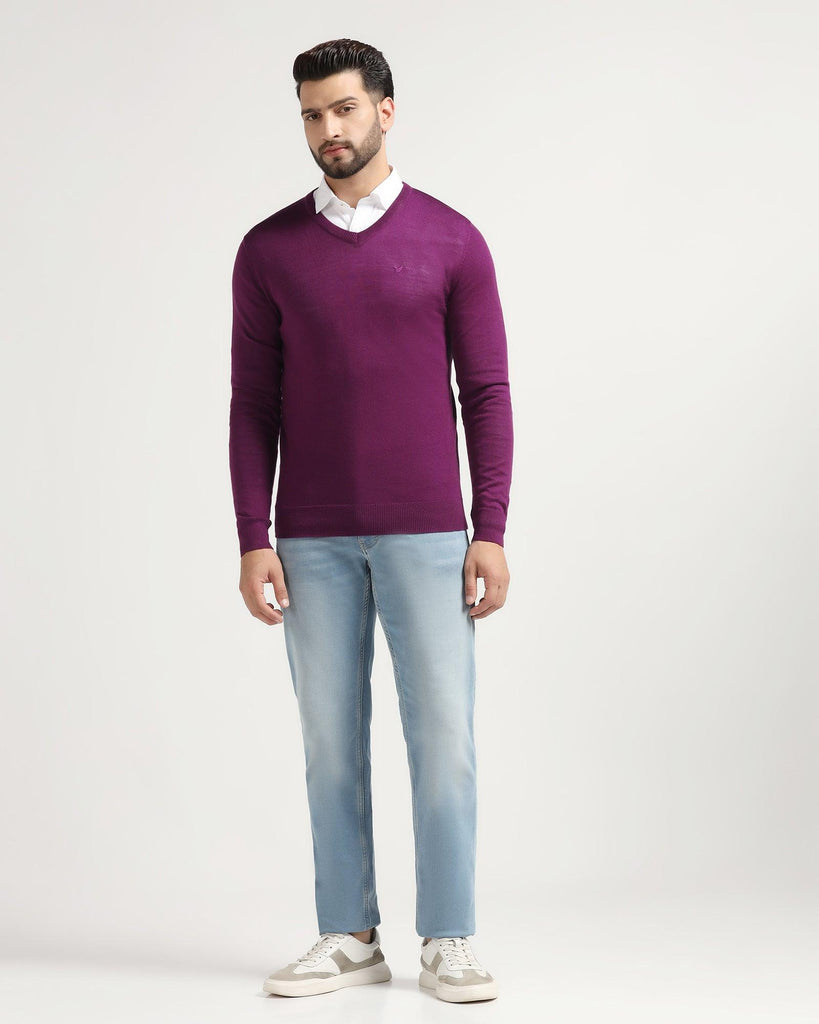 V-Neck Purple Solid Sweater - Rosin