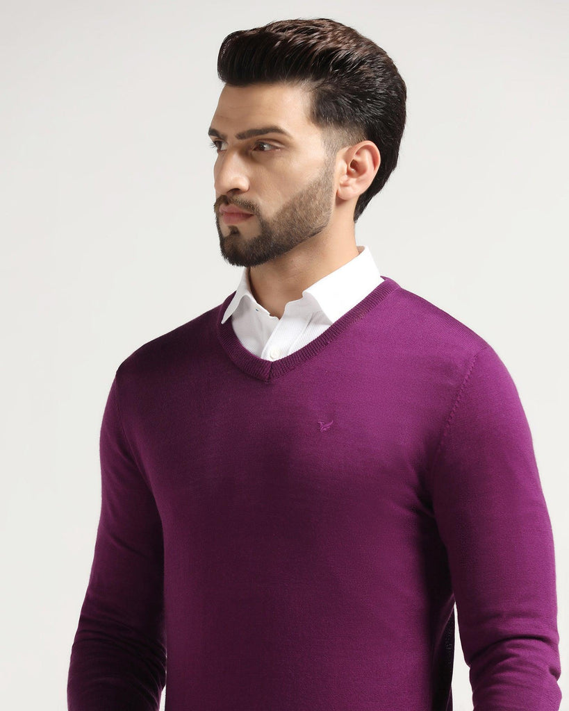 V-Neck Purple Solid Sweater - Rosin