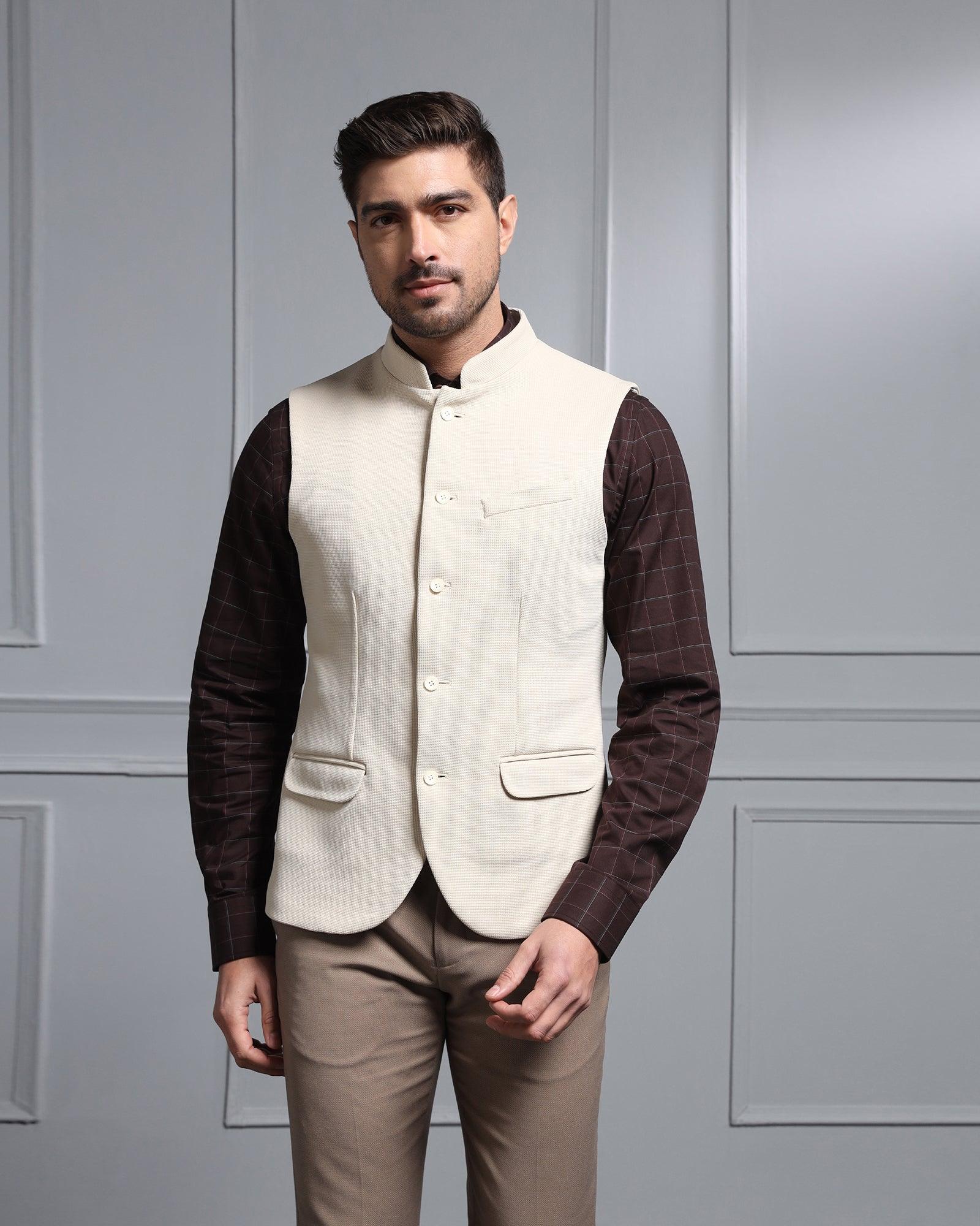 Bandhgala Formal Beige Textured Waistcoat