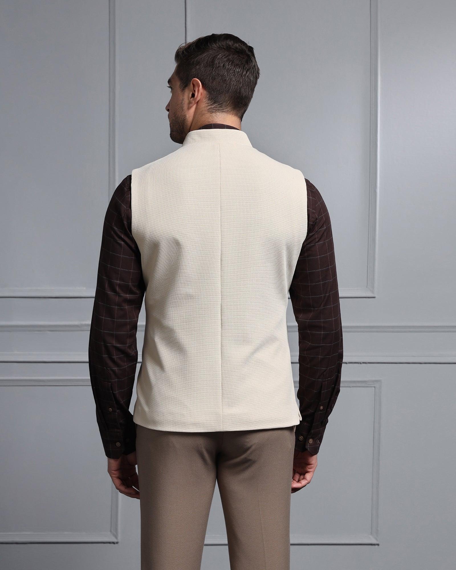 Bandhgala Formal Beige Textured Waistcoat - Cade - Blackberrys