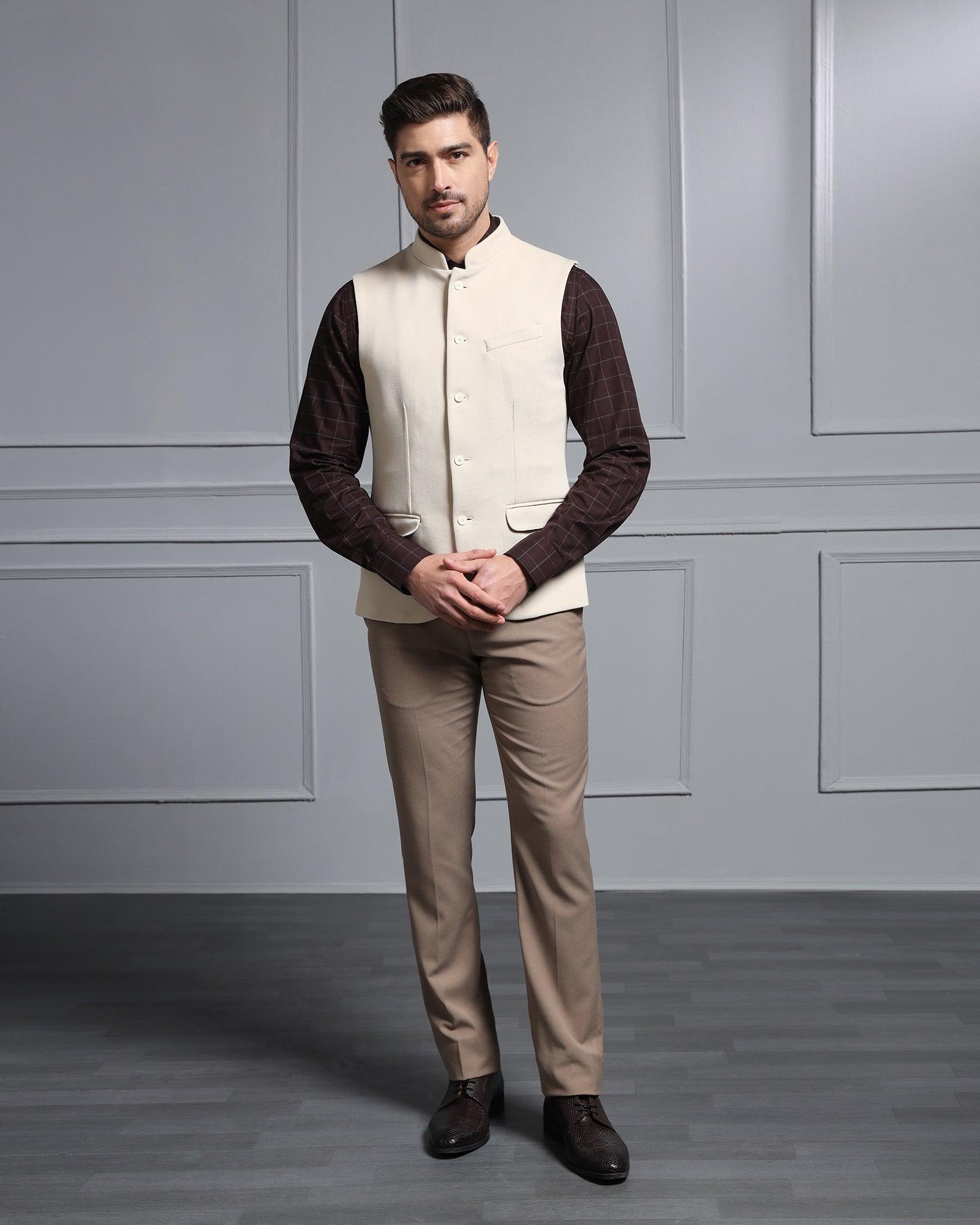 Bandhgala Formal Beige Textured Waistcoat - Cade - Blackberrys