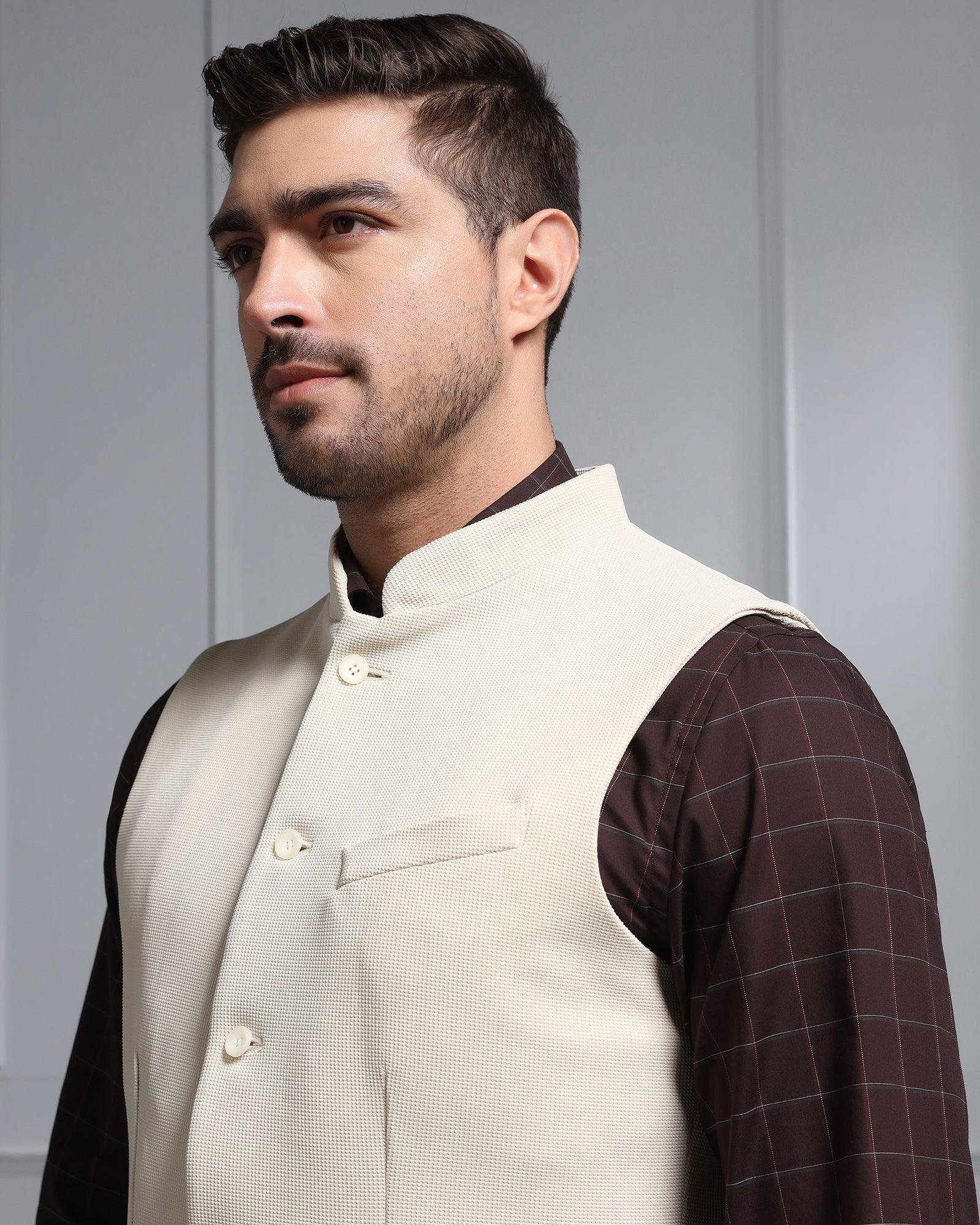 Bandhgala Formal Beige Textured Waistcoat - Cade - Blackberrys