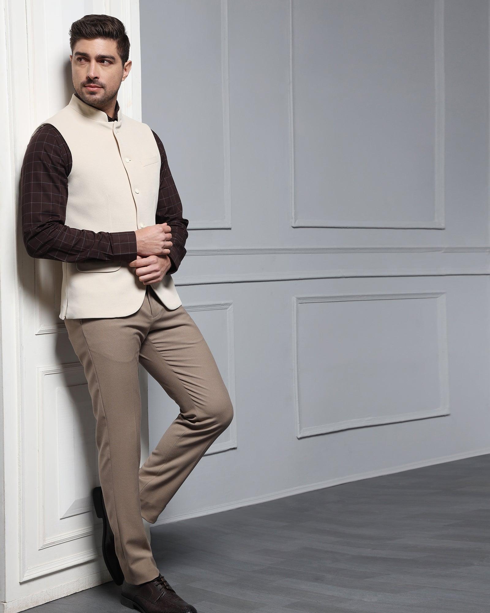 Bandhgala Formal Beige Textured Waistcoat - Cade - Blackberrys