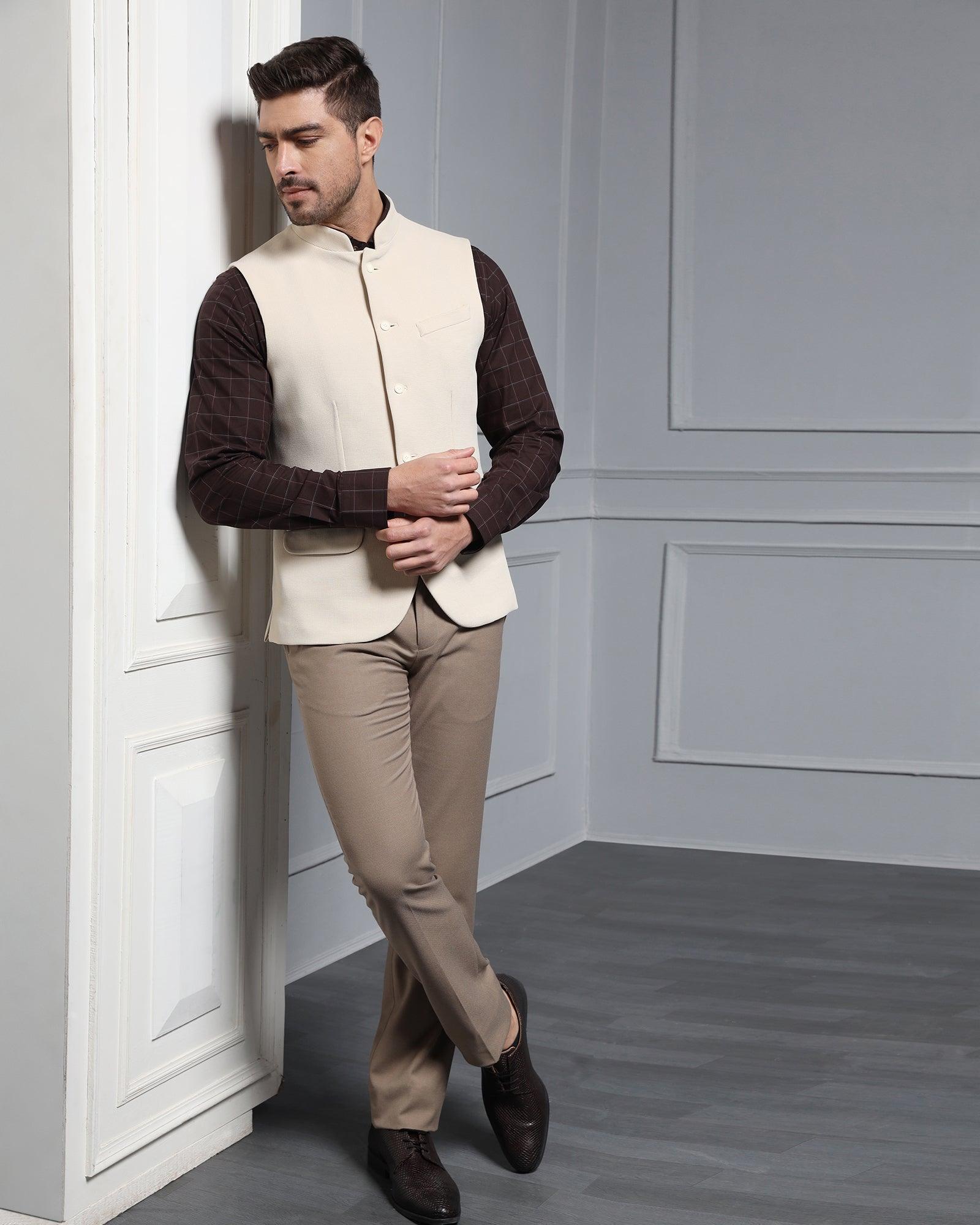 Bandhgala Formal Beige Textured Waistcoat - Cade - Blackberrys
