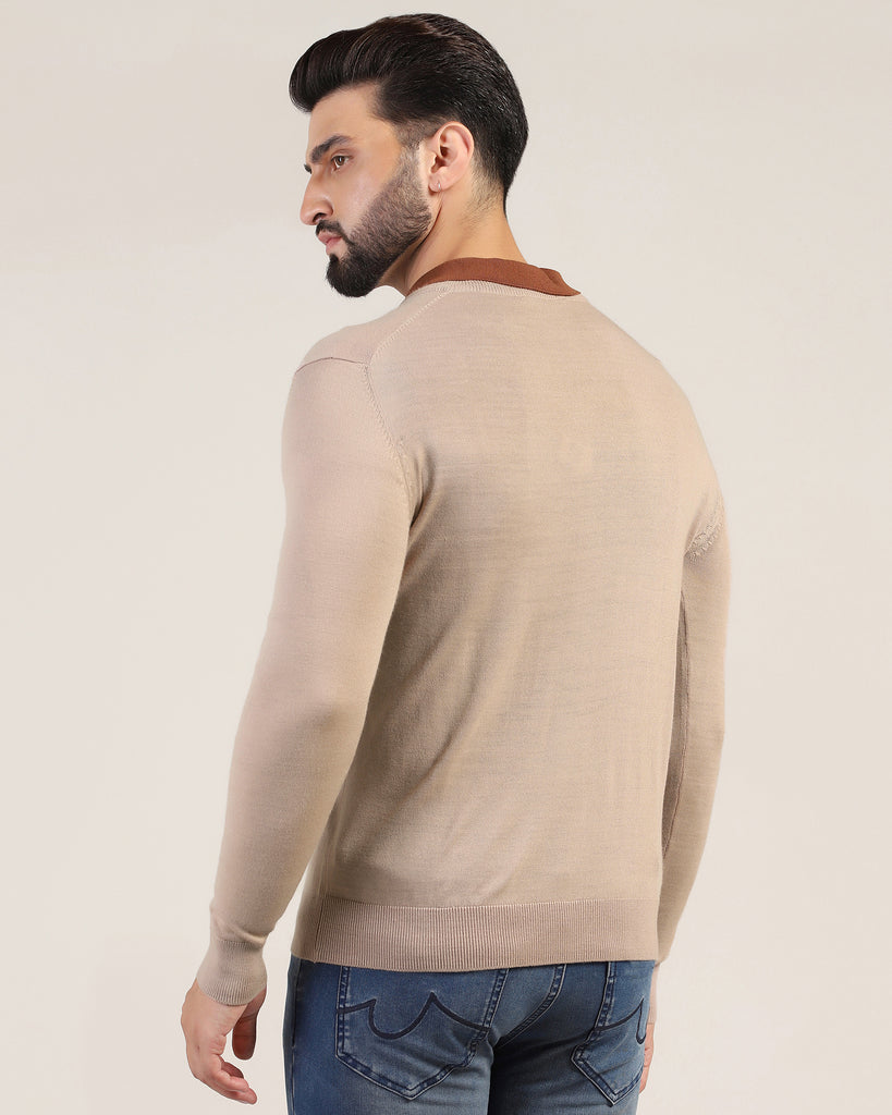 V-Neck Beige Solid Sweater - Ken