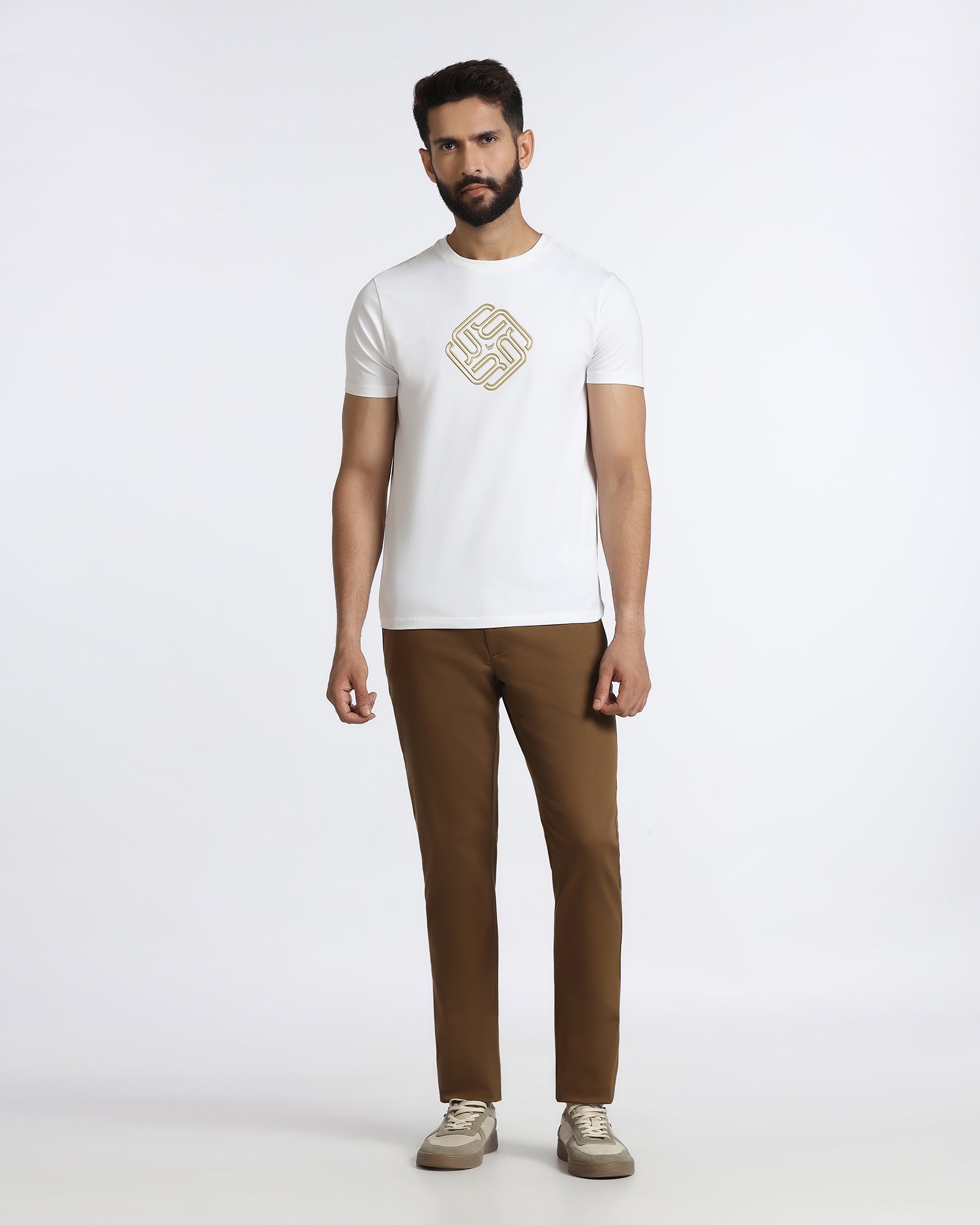 White Crew Neck Textured T-Shirt - Crown