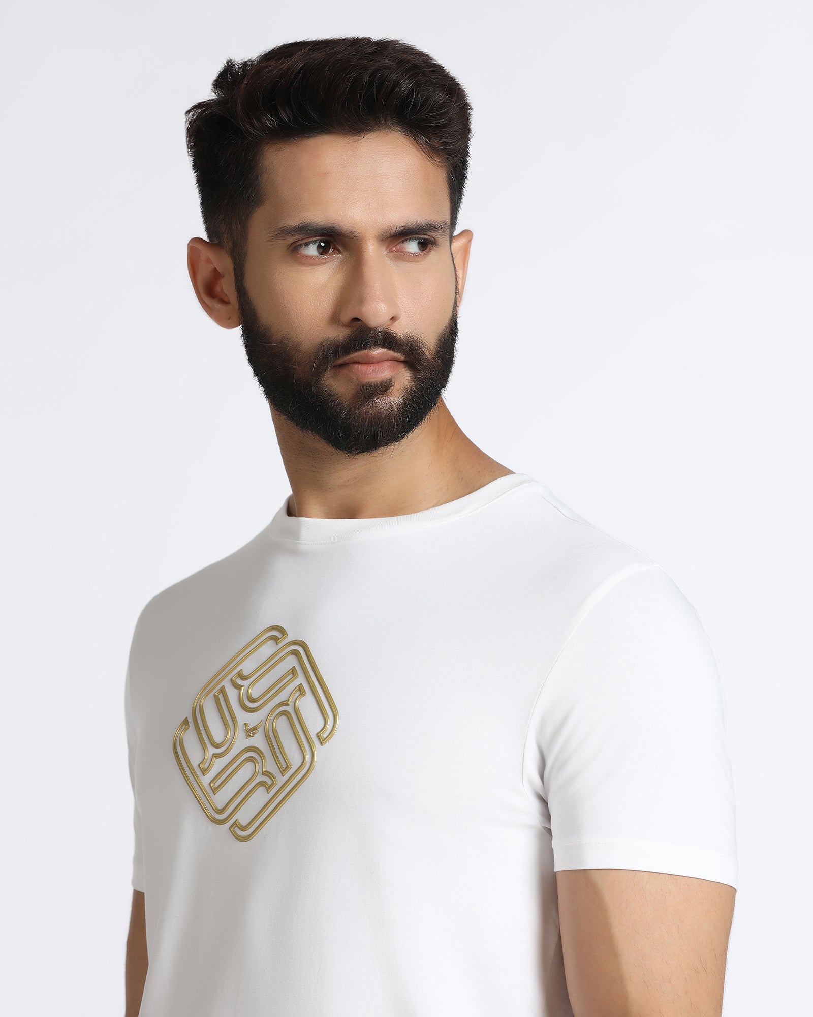 White Crew Neck Textured T-Shirt - Crown