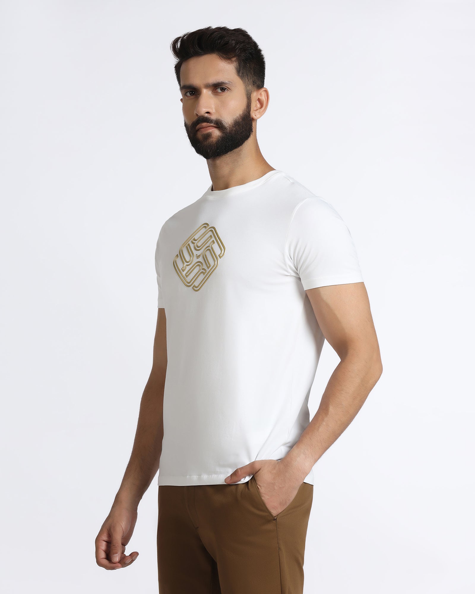 White Crew Neck Textured T-Shirt - Crown