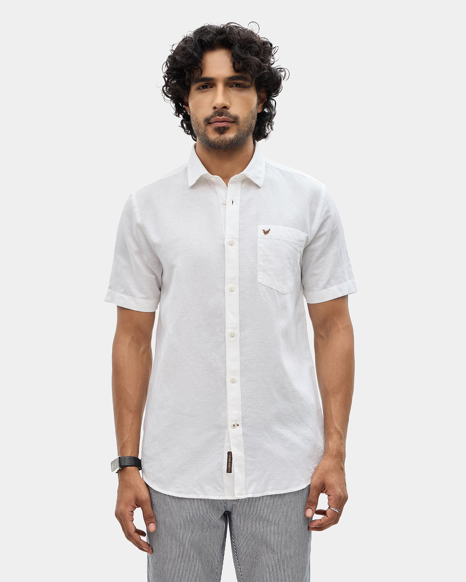 White Half Sleeve Linen Solid Shirt - Cleo