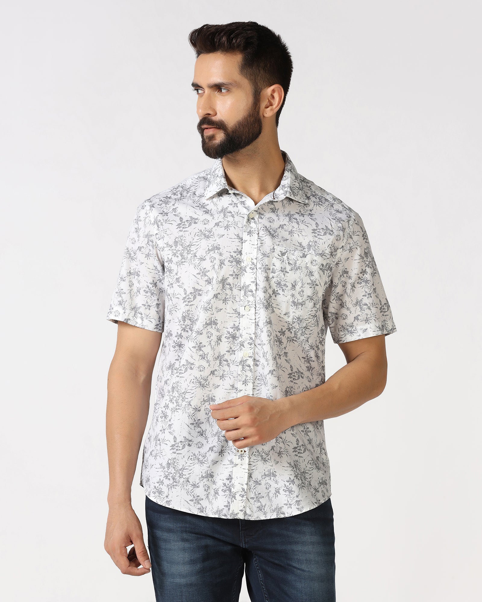 White Half Sleeve Printed Shirt - Holten
